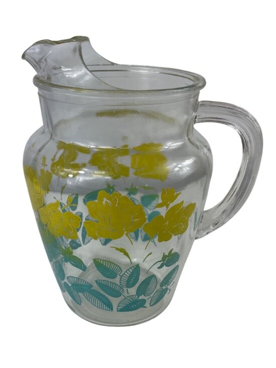 Federal Other - Vintage Federal Glass Pitcher Yellow Flowers Green Leaves Ice Lip Pour Spout